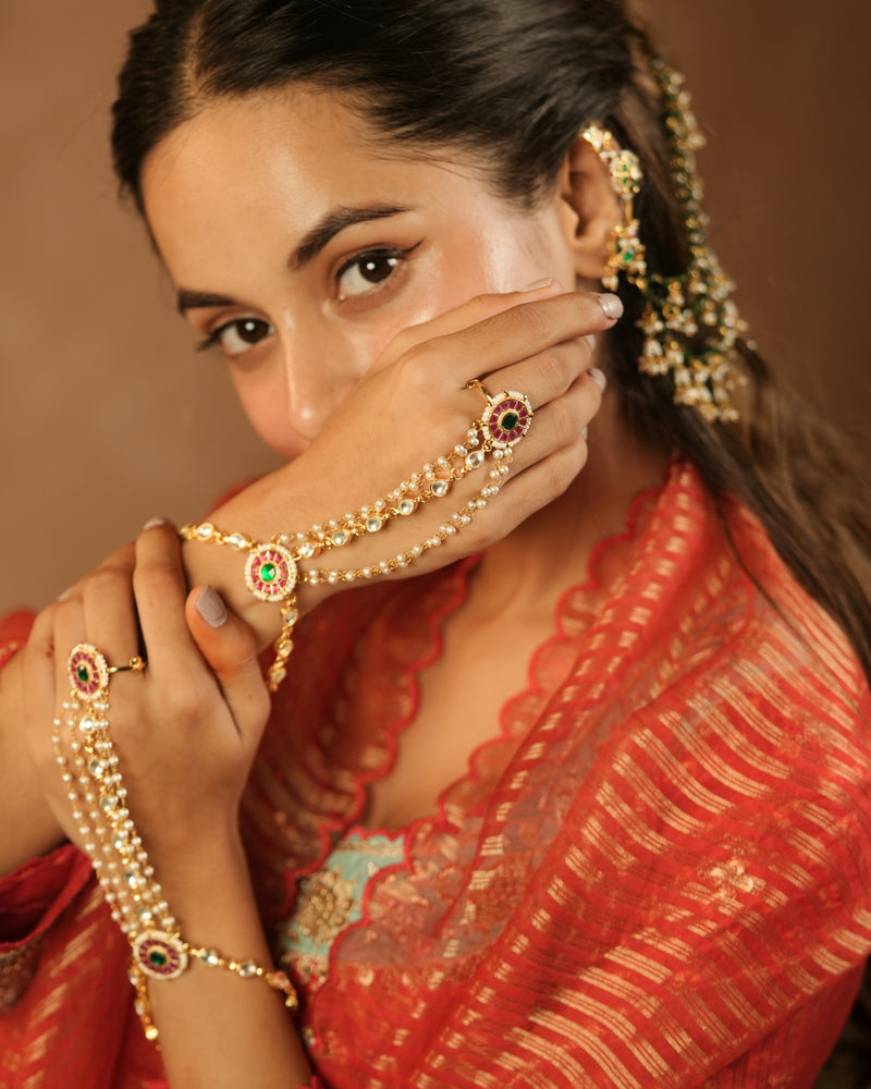 MDHP1268 - Multi Colour Gold Plated Jadau Kundan Hathphool