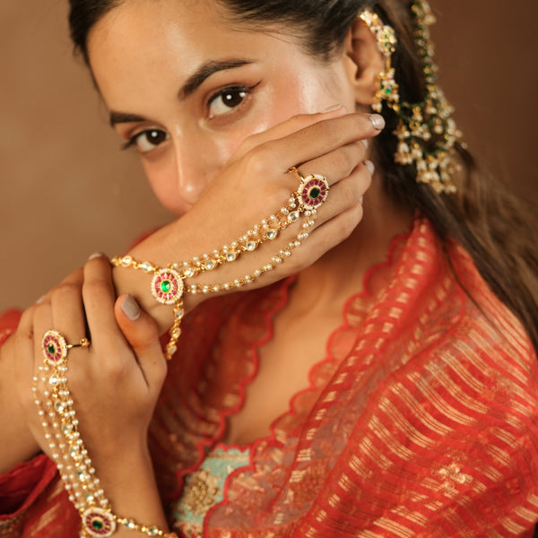 MDHP1268 - Multi Colour Gold Plated Jadau Kundan Hathphool