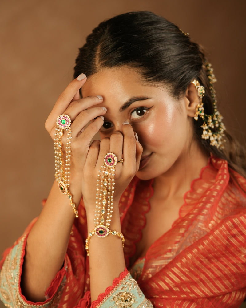 MDHP1268 - Multi Colour Gold Plated Jadau Kundan Hathphool