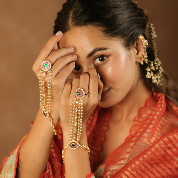 MDHP1268 - Multi Colour Gold Plated Jadau Kundan Hathphool
