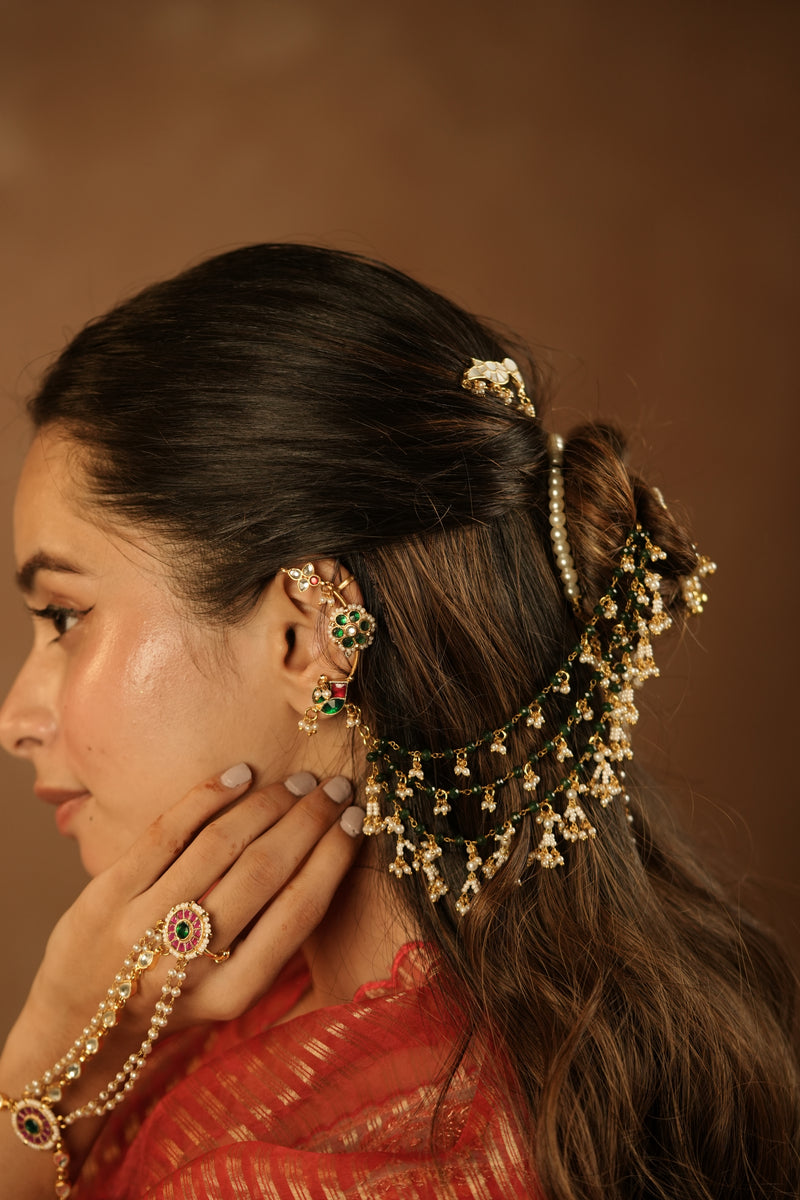 MDE1269 - Green And White Gold Plated Jadau Kundan Kaanchain