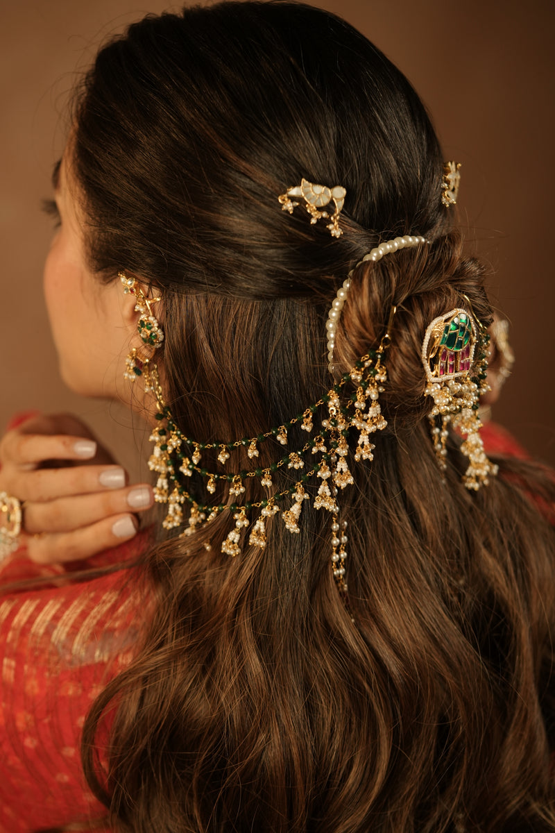 MDE1269 - Green And White Gold Plated Jadau Kundan Kaanchain