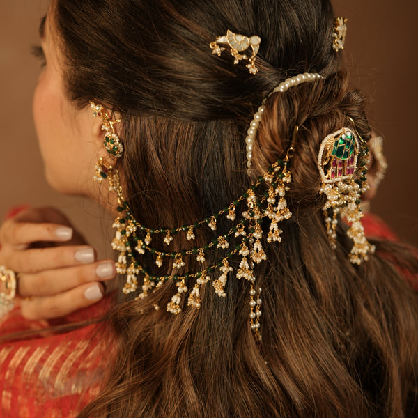 MDE1269 - Green And White Gold Plated Jadau Kundan Kaanchain
