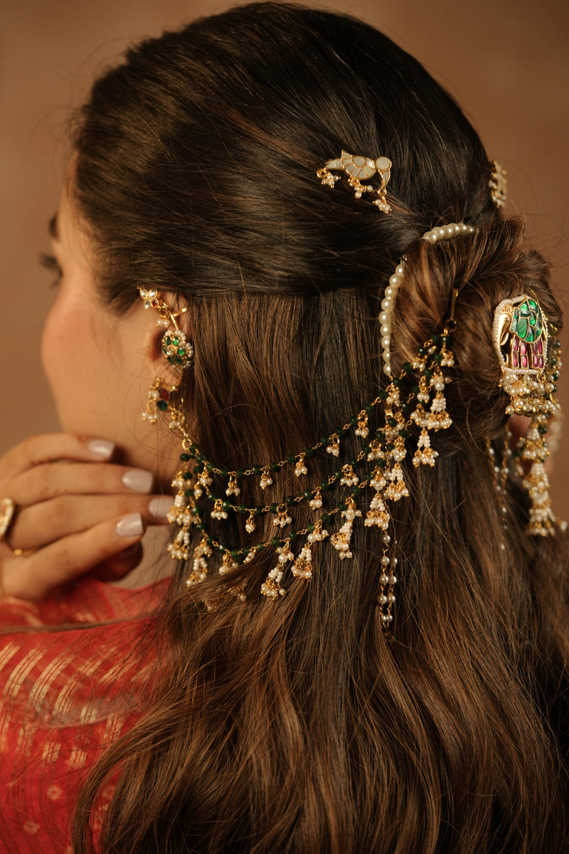 MDE1269 - Green And White Gold Plated Jadau Kundan Kaanchain