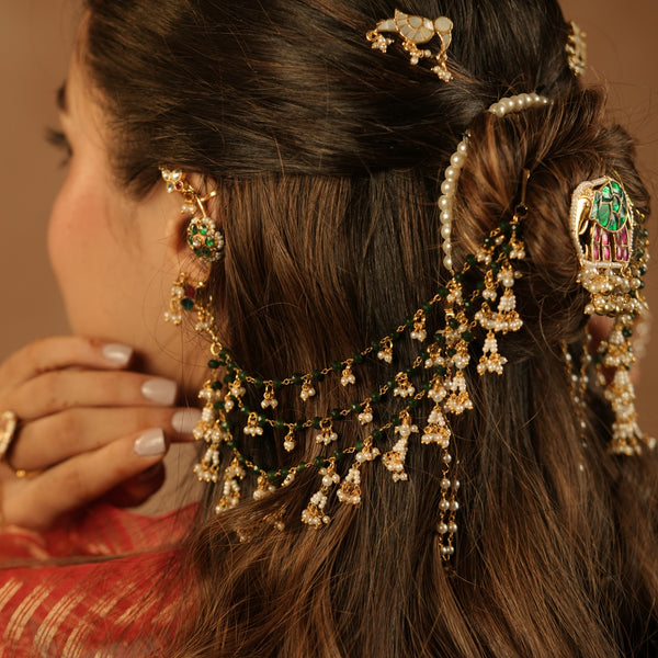 MDE1269 - Green And White Gold Plated Jadau Kundan Kaanchain