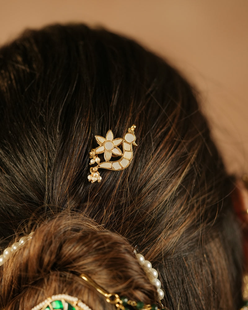 MDBR1273 - White Colour Gold Plated Jadau Kundan Peacock Juda Pin