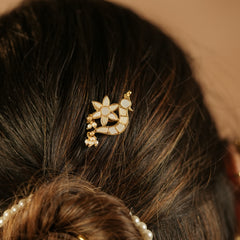 MDBR1273 - White Colour Gold Plated Jadau Kundan Peacock Juda Pin