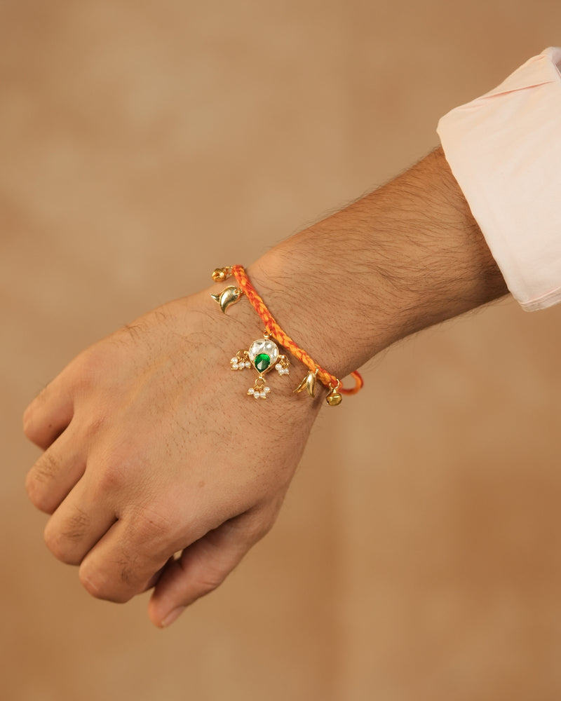 MDRB1276 - Multi Colour Gold Plated Jadau Kundan Flower Motif Thread Rakhi