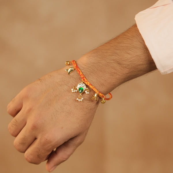 MDRB1276 - Multi Colour Gold Plated Jadau Kundan Flower Motif Thread Rakhi