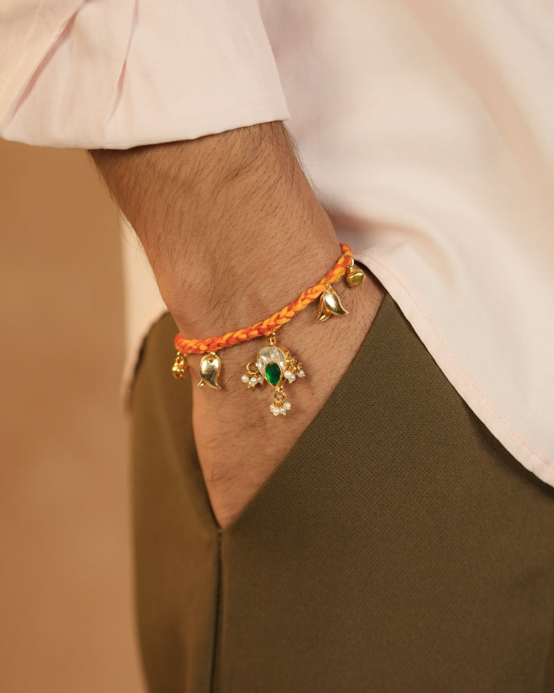 MDRB1276 - Multi Colour Gold Plated Jadau Kundan Flower Motif Thread Rakhi