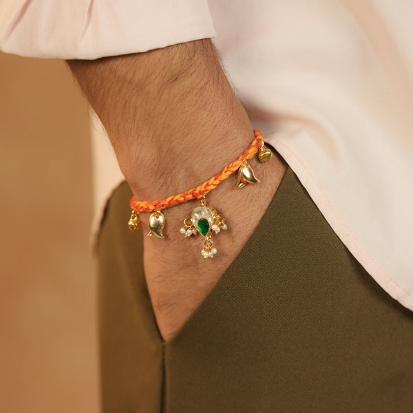 MDRB1276 - Multi Colour Gold Plated Jadau Kundan Flower Motif Thread Rakhi