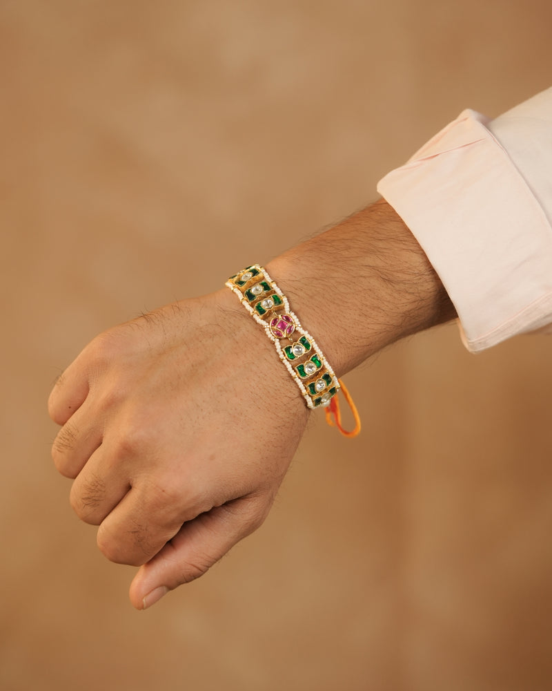 MDRB1277 - Multi Colour Gold Plated Jadau Kundan Flower Motif Thread Rakhi