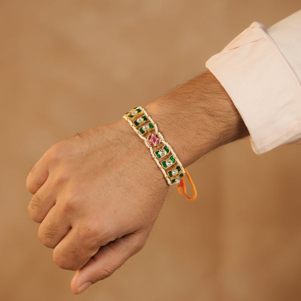 MDRB1277 - Multi Colour Gold Plated Jadau Kundan Flower Motif Thread Rakhi