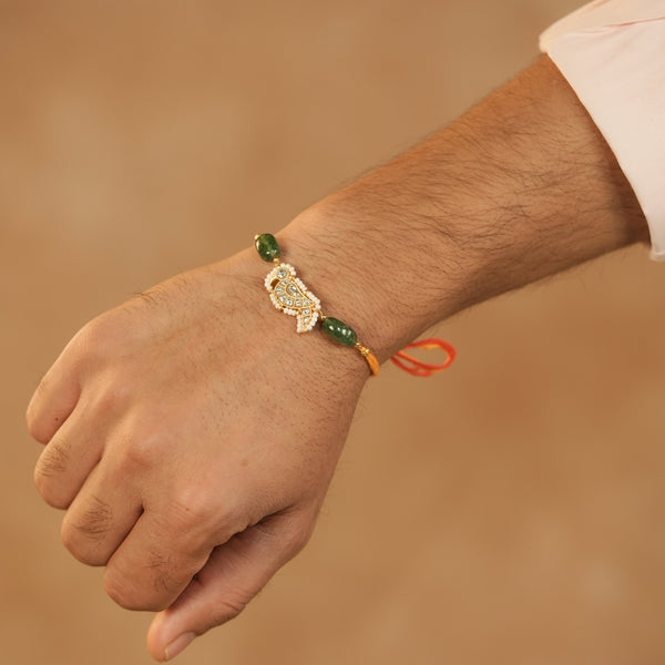 MDRB1279 - White and Green Colour Gold Plated Jadau Kundan Peacock Rakhi