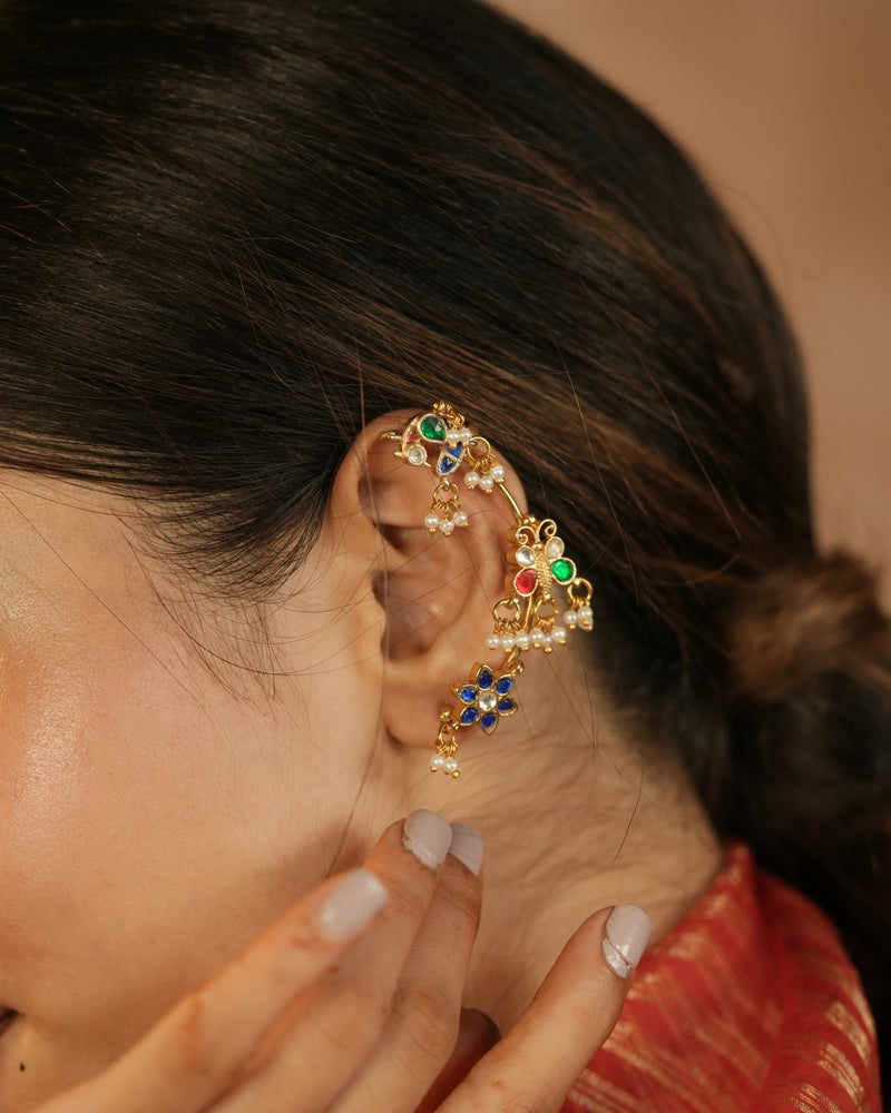 MDE1259 - Multi Colour Gold Plated Jadau Kundan Earcuff