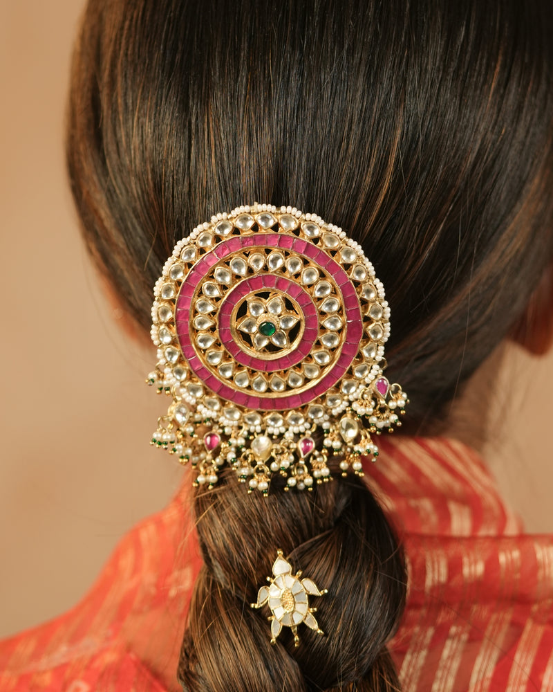 MDBR1282 - Multi Colour Gold Plated Jadau Kundan Juda Pin