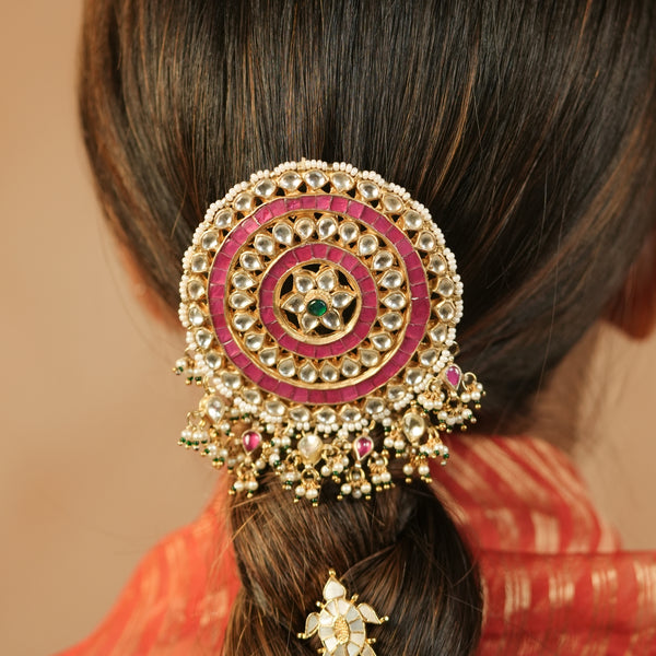 MDBR1282 - Multi Colour Gold Plated Jadau Kundan Juda Pin