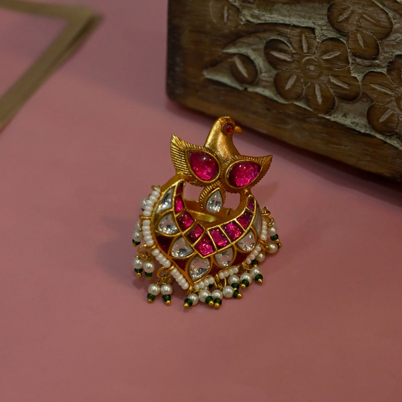 MDR1027- Pink and White Colour Gold Plated Jadau Kundan Thappa Eagle Motif Ring