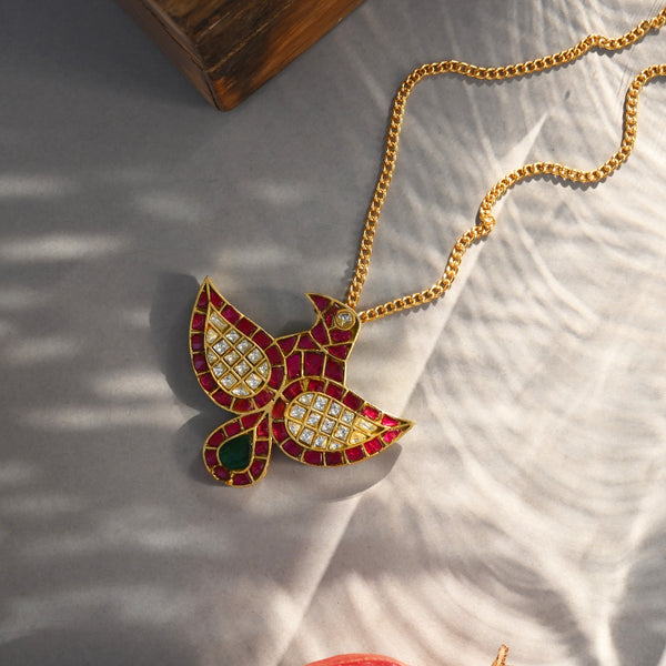 MDN1050- White Color Gold Plated Jadau Kundan Eagle Motif Thappa Pendant