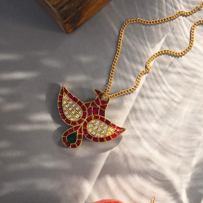 MDN1050- Multicolour Gold Plated Jadau Kundan Eagle Motif Thappa Pendant