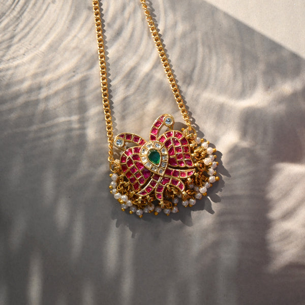 MDN1085- Multicolor Motif Gold Plated Jadau Kundan Thappa Pendant