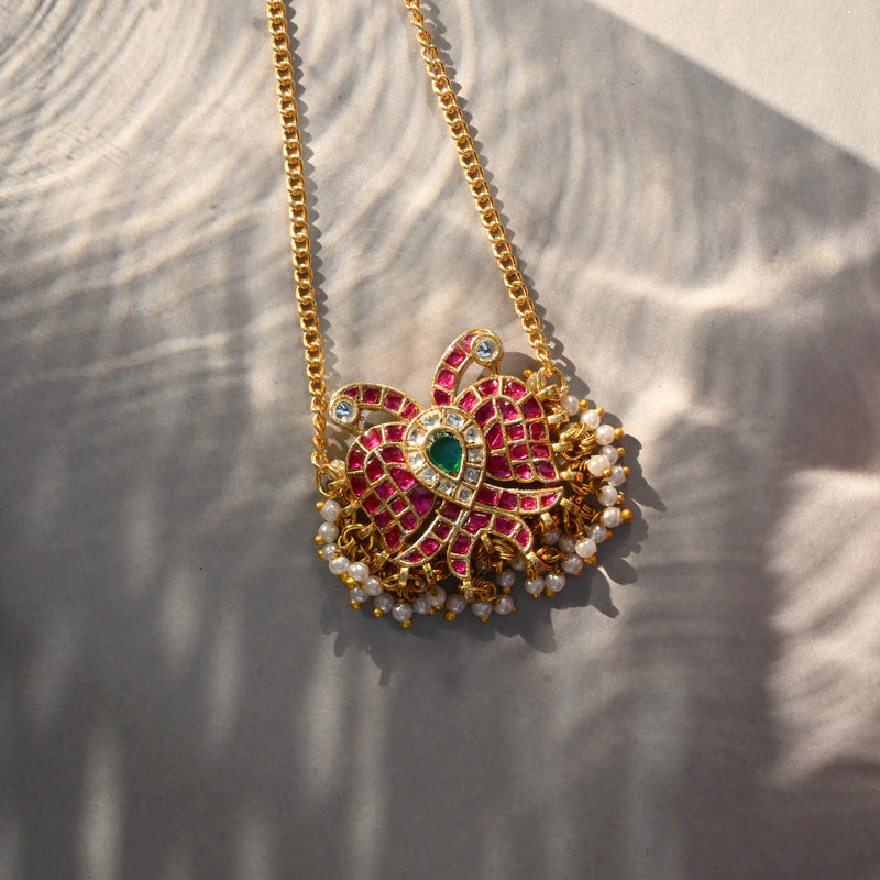 MDN1085- Multicolor Motif Gold Plated Jadau Kundan Thappa Pendant