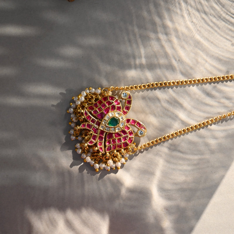 MDN1085- Multicolor Motif Gold Plated Jadau Kundan Thappa Pendant