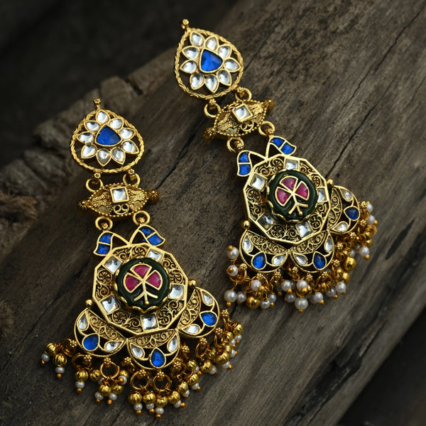 MDE1044- Multicolor Gold Plated Jadau Kundan Heritage Dangler Earrings