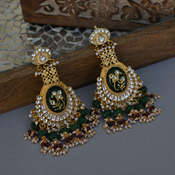MDE1047- Green And White Color Gold Plated Jadau Kundan Heritage Chandbali Earrings