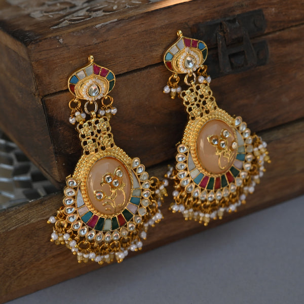 MDE1047- Green And White Color Gold Plated Jadau Kundan Heritage Chandbali Earrings