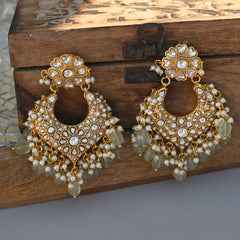 MDE1061- White Colour Gold Plated Jadau Kundan Temple Chandbali Earrings