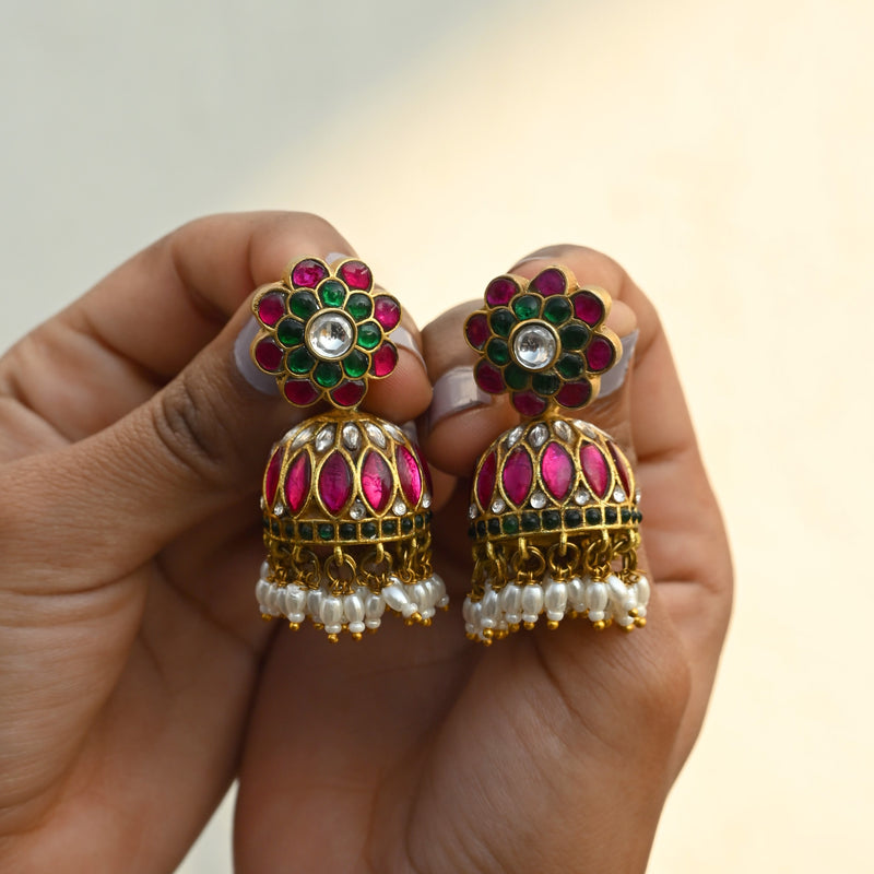 MDE296- Multi Colour Gold Plated Jadau Kundan Temple Jhumki Earrings