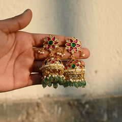 MDE1042- Multi Colour Gold Plated Jadau Kundan Temple Jhumki Earrings