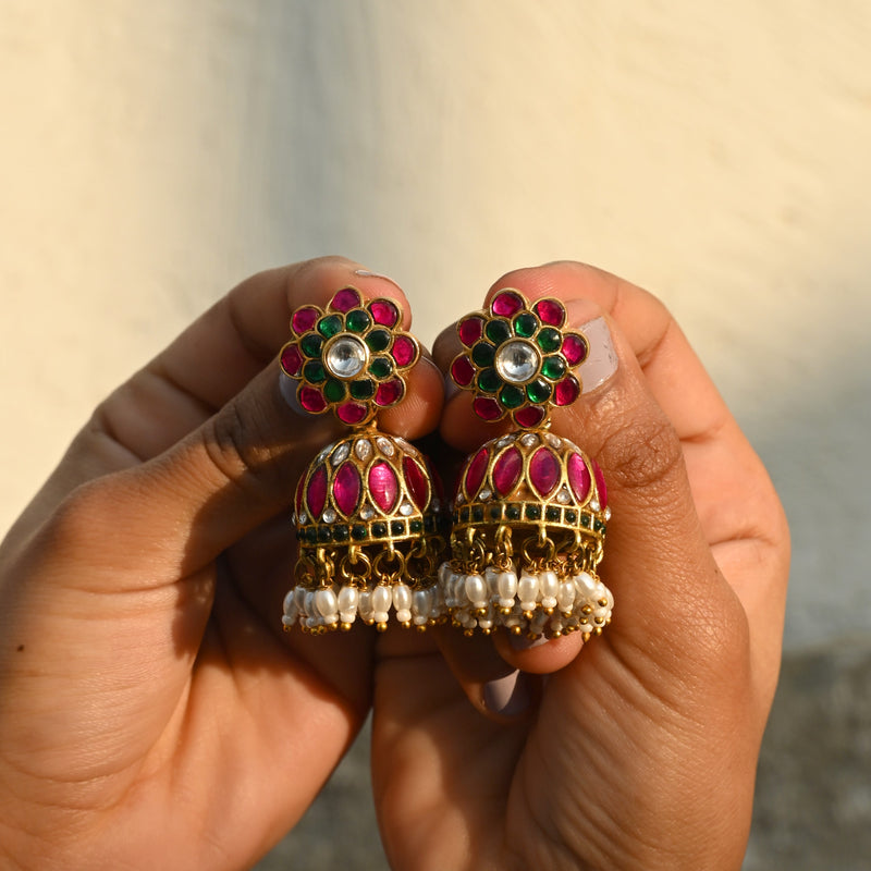 MDE296- Multi Colour Gold Plated Jadau Kundan Temple Jhumki Earrings