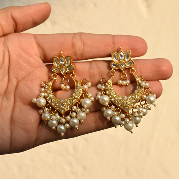 MDE751- White Colour Gold Plated Jadau Kundan Temple Chandbali Earrings