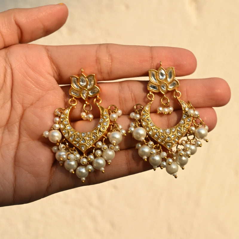MDE751- White Colour Gold Plated Jadau Kundan Temple Chandbali Earrings