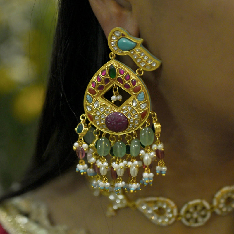MDR791- Multicolour Gold Plated Thappa Jadau Kundan Chandbali Earrings