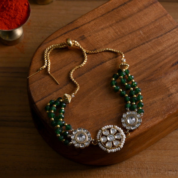 MDB831- White and Green Colour Gold Plated Jadau Kundan Rakhi