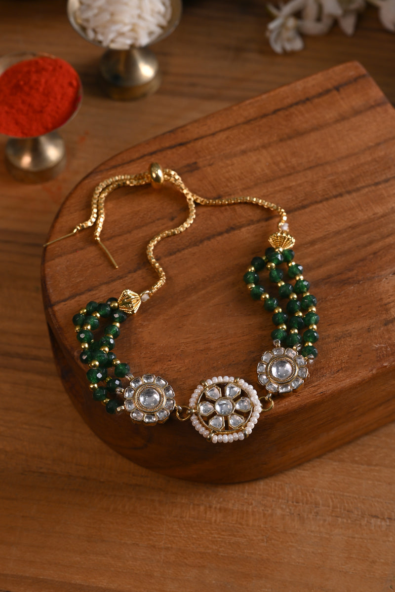 White and Green Colour Gold Plated Jadau Kundan Rakhi