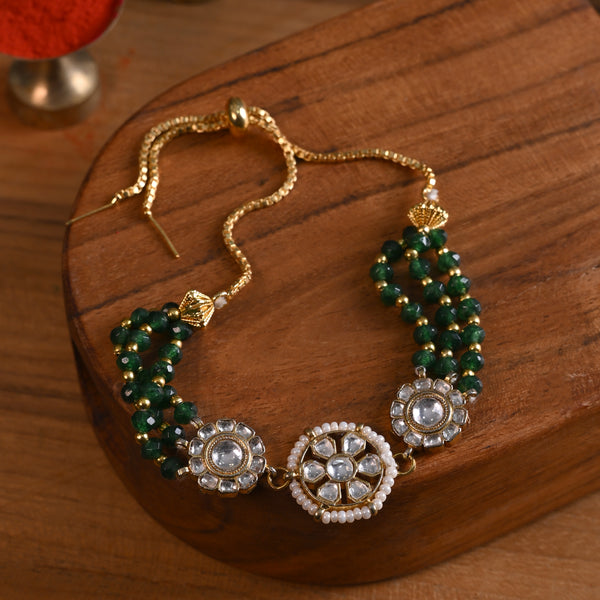 MDB831- White and Green Colour Gold Plated Jadau Kundan Rakhi