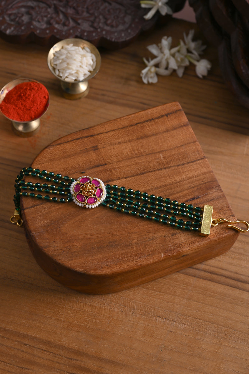 Pink and Green Colour Gold Plated Jadau Kundan Rakhi