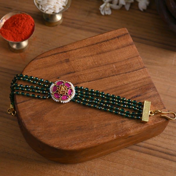 MDB832- Pink and Green Colour Gold Plated Jadau Kundan Rakhi