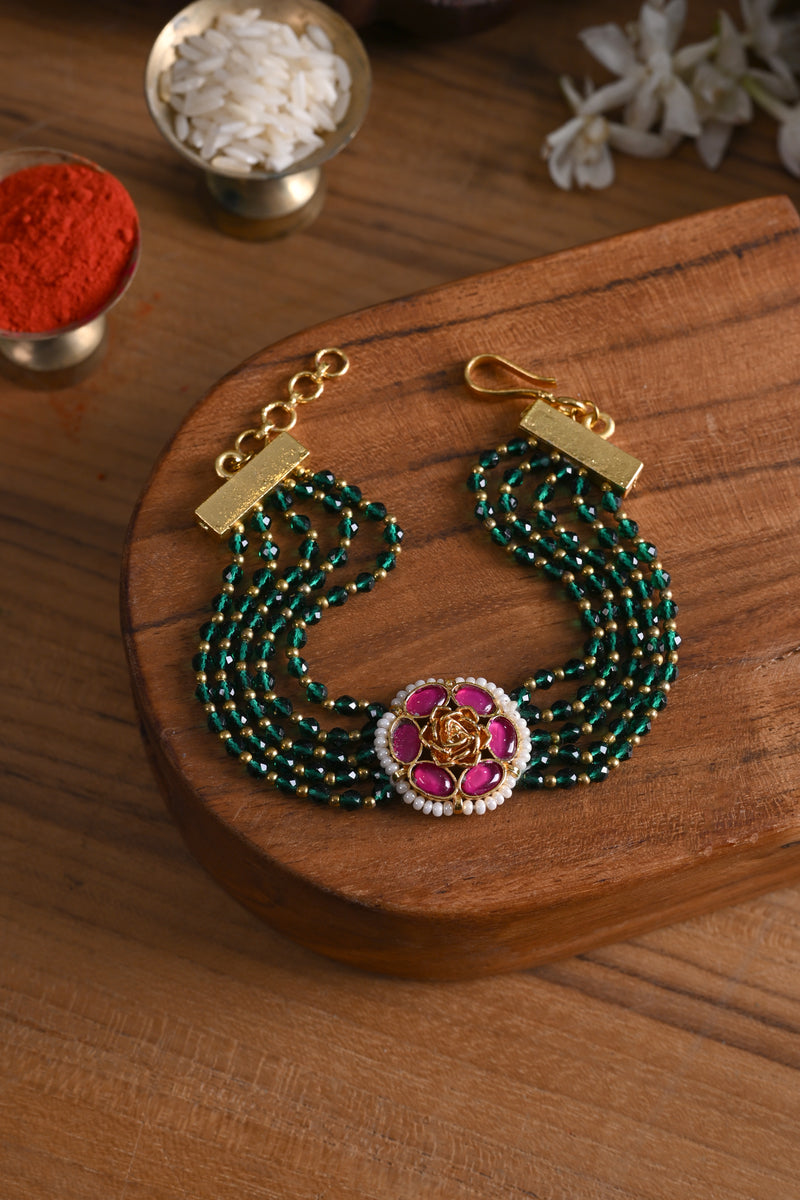 Pink and Green Colour Gold Plated Jadau Kundan Rakhi
