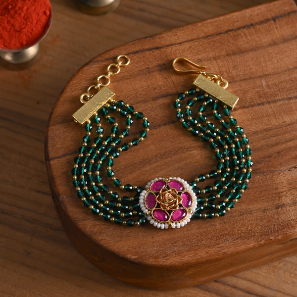 MDB832- Pink and Green Colour Gold Plated Jadau Kundan Rakhi