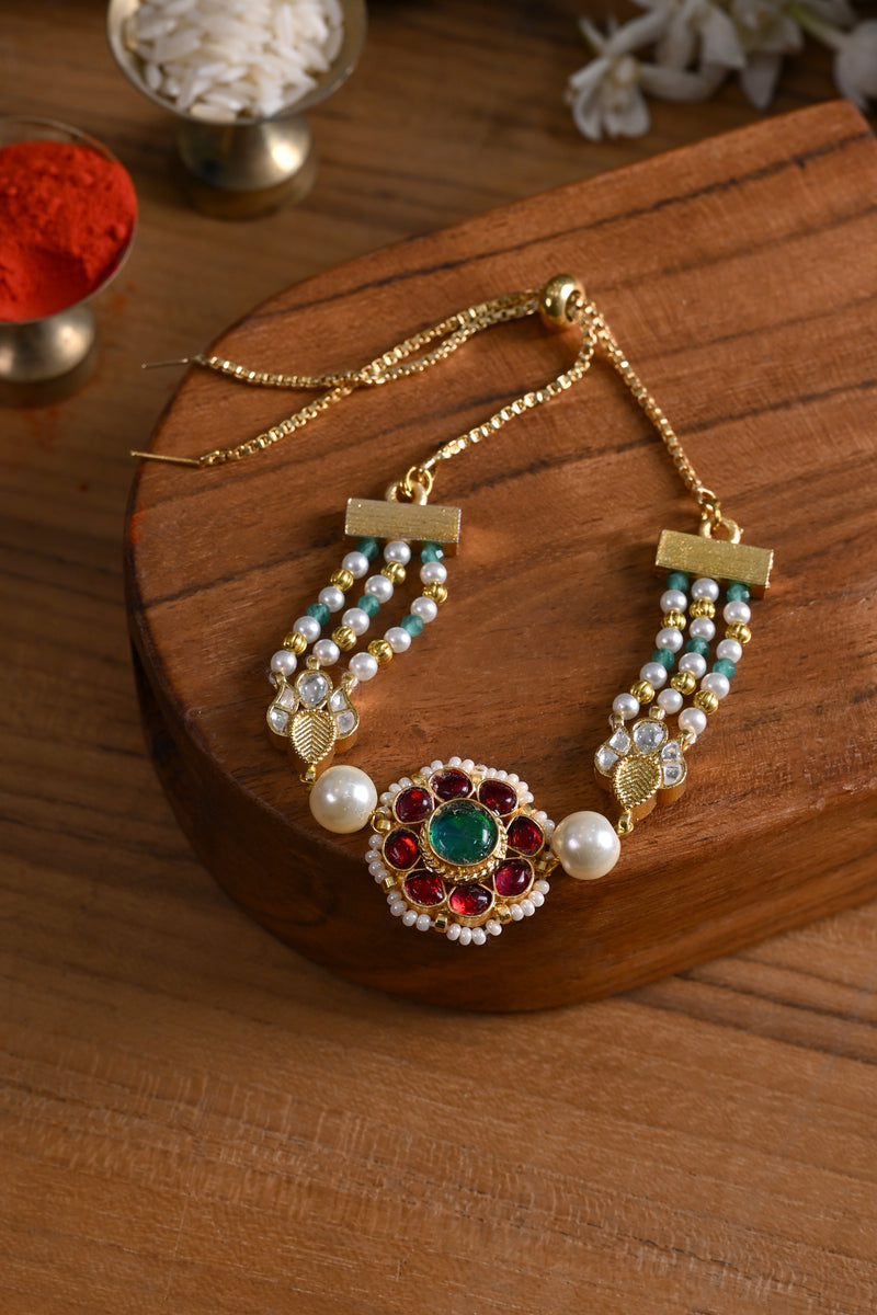 Multi Colour Gold Plated Jadau Kundan Rakhi