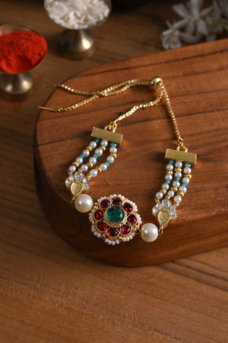 Multi Colour Gold Plated Jadau Kundan Rakhi
