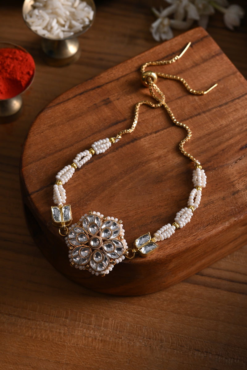 White Colour Gold Plated Jadau Kundan Rakhi