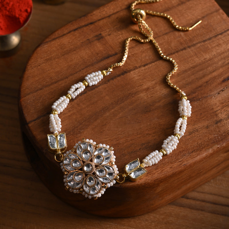MDB835- White Colour Gold Plated Jadau Kundan Rakhi