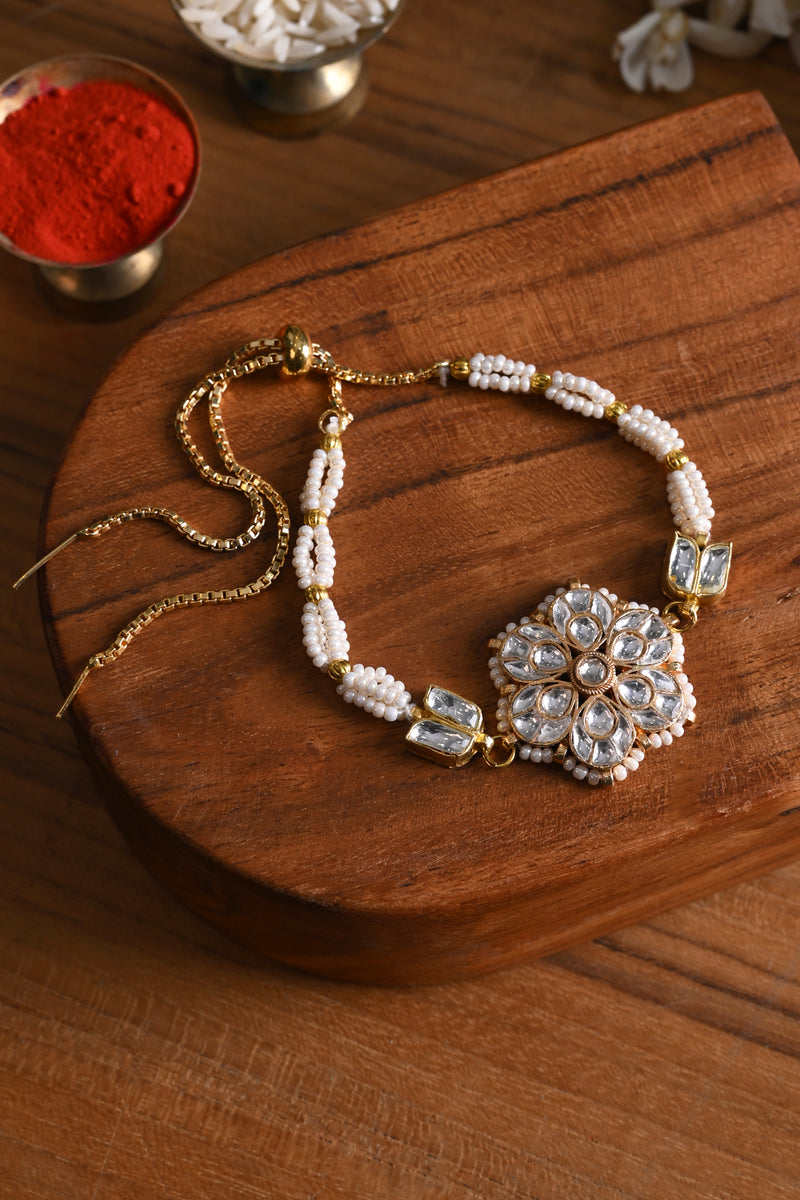 White Colour Gold Plated Jadau Kundan Rakhi