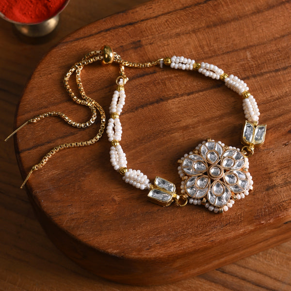 MDB835- White Colour Gold Plated Jadau Kundan Rakhi
